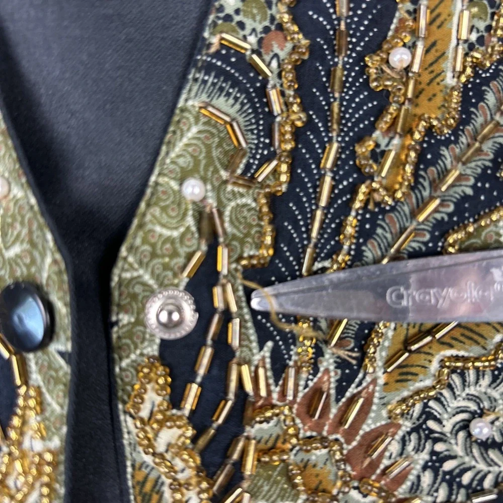 Vtg Dalin Waistcoat Vest Plus Sz 1X Beads Pearls Gold Black Olive Paisley Floral - Picture 9 of 9
